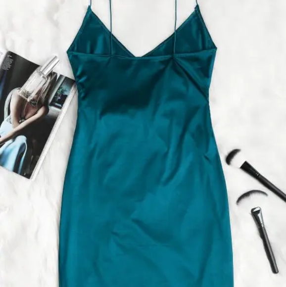 Peacock Blue Cami Draped Crossover Slip Dress - Picture 2 of 14